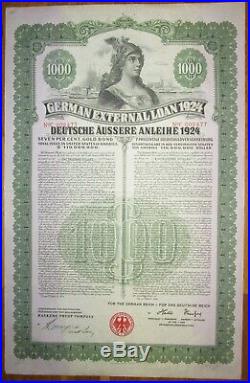 GERMANY 7% Dawes Gold Bond $1000 1924 UNCANCELLED and SCRIPOTRUST certified