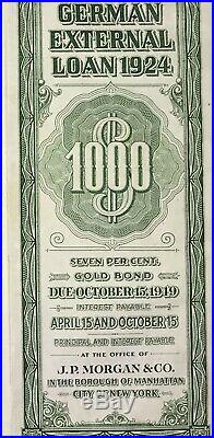GERMANY 7% Dawes Gold Bond $1000 1924 UNCANCELLED +coupons SCRIPOTRUST certified