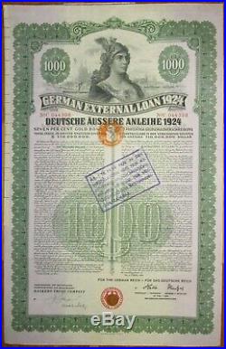 GERMANY 7% Dawes Gold Bond $1000 1924 +coupons SCRIPOTRUST certified