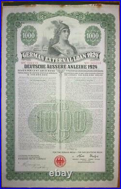 GERMANY 7% Dawes Gold Bond $1000 1924 +coupons SCRIPOTRUST certified