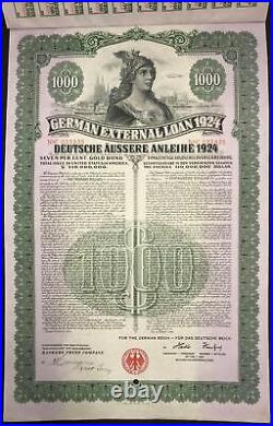 GERMANY 7% Dawes Gold Bond $1000 1924 +coupons +ph/stamp SCRIPOTRUST certified