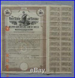 GERMANY Free State Saxony 1927, 500£, 26 coupons UNCANCELLED SCRIPOTRUST CERTIF