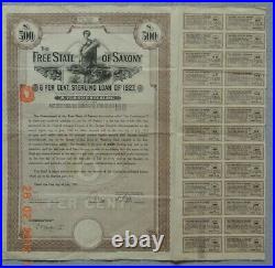 GERMANY Free State Saxony 1927 bond 500£, 26 coupons uncancelled