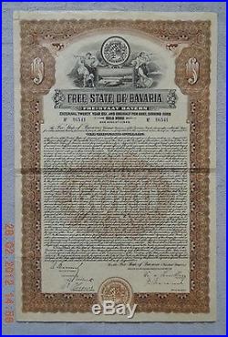 GERMANY Free State of Bavaria 1925, 1000 $ Gold Bond UNCANCELLED! Hamilton BNC