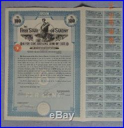 GERMANY Free State of Saxony 6% Sterling Loan 1927, 100£ 26 coupons UNCANCELLED