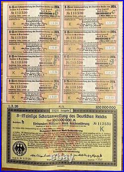 GERMANY German 8-15% Treasury Bond 100,000,000 Marks 1923 UNCANCELLED w. Coupons