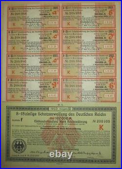 GERMANY German 8-15% Treasury Bond 100,000 Marks 1923 with coupons