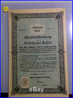 GERMANY State of Hessen Bond 1.000.000.000 Mark + coupons (1 milliarde)