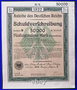 GERMANY Treasury bond 1922 german Reich lot of 5 uncancelled 50.000 Mark loan
