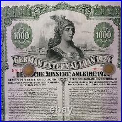 GERMANY bond Dawes German External Loan 1000$ 1924, no coupons holed SCRIPOTRUST