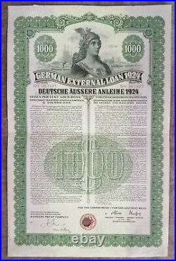 GERMANY bond Dawes German External Loan 1000 $ in gold 1924, no coupons, holed