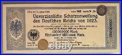 GERMANY bond treasury bill 1923 for 100 million Mark hyper inflation scarce item