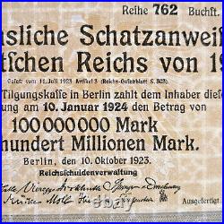 GERMANY bond treasury bill 1923 for 100 million Mark hyper inflation scarce item