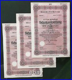 GERMANY lot of 3 Reichsbahn bonds 100 M 1939 WW2 4% Schatzanweisung uncancelled