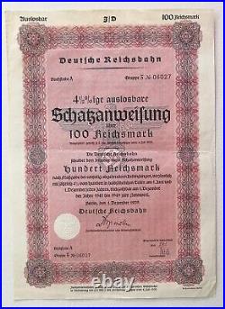 GERMANY lot of 3 Reichsbahn bonds 100 M 1939 WW2 4% Schatzanweisung uncancelled