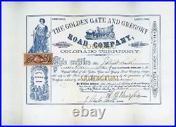 GOLDEN GATE & GREGORY ROAD COMPANY Colorado Territory stock certificate 1863