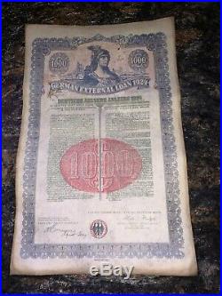 German 1924 External Loan 1000 Dollar uncancelled As-Is + Sinking Gold Bond 6.5%