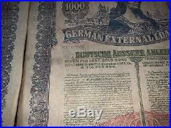 German Dawes 1924 External Loan 1000 Dollar Uncancelled Letter of Authenticity