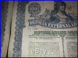 German Dawes 1924 External Loan 1000 Dollar Uncancelled Letter of Authenticity