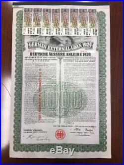 German Dawes External Loan 1924 $1000 Dollar Gold Bond Uncancelled + Coupons