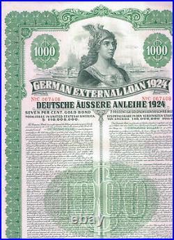 German External Loan 1924 (Dawes Loan), $1000 Gold Bond, cancelled/ no coupons