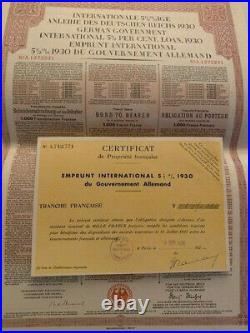 German Gold Loan 1000 francs 1930 uncancelld Young international Government bond