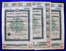 German Government 3 x 100.000 Mark treasury bond, 1922, uncancelled, complete