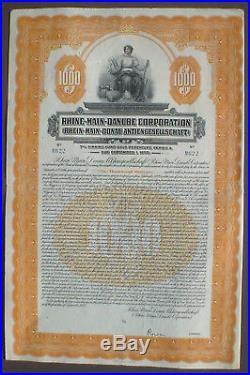 German Government Rhein Main Donau 1000 $ 7% Gold Bond 1925 uncanc. + coupons