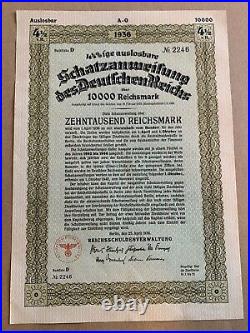 German Government Treasury Bill 10000 ReichsMark bond 1936 Berlin Uncancelled