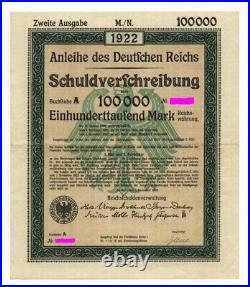 German Government uncancelled 100.000 Mark Bond 1922, complete with coupons