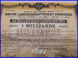 Germany 1923 Bayer Munchen One Billion 1 Milliard Mark Coups Bond Anleihe Loan