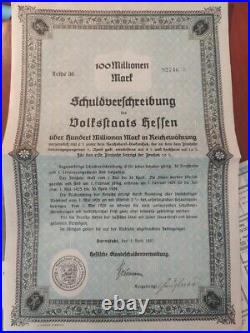 Germany 1923 Schuldverschreibung 100 Millionen Mark Coupons NOT CANCELLED Bond