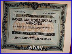 Germany 1923 Stadtrat Bayer Munchen 100.000 Mark Coupons Bond Anleihe Loan Share