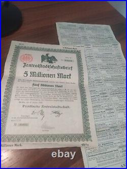 Germany 1923 Zentralstadtschaft 5 Million Mark Coupons NOT CANCELLED Bond RARE
