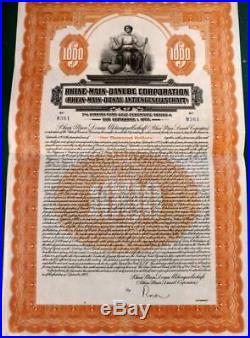 Germany 1925 Rhine Main Danube Gold 1000 Dollars ABNC UNCANCELLED Bond Loan VGC