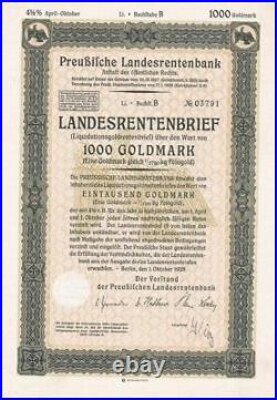 Germany 1928 Berlin Landesrentenbrief 1000 Goldmark Coupons NOT CANCELLED Bond