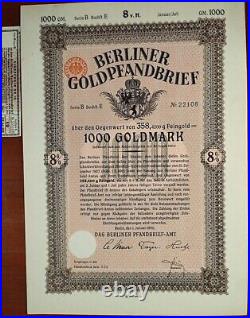 Germany 1930 Berliner Goldpfandbrief 1000 Goldmark NOT CANCELLED Bond EXTRA RARE