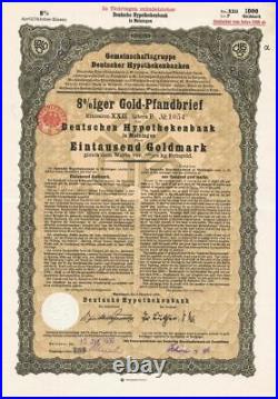 Germany 1930 Deutschen Hypothekenbank 1000 Goldmark Coupons NOT CANCELLED Bond