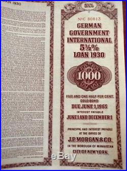 Germany 1930 Government JP Morgan 1000 Dollars Gold UNC WITHOUT HOLES Bond Loan