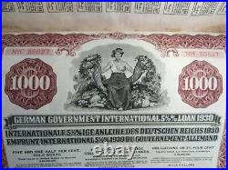 Germany 1930 J P Morgan International Loan 1000 Dollars GOLD Coupons Bond Share