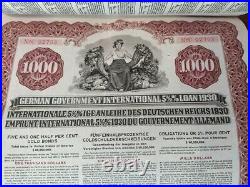 Germany 1930 J P Morgan Loan 1000 Dollars GOLD Coupons NOT CANCELLED Bond Share
