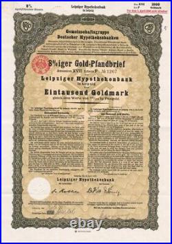 Germany 1930 Leipziger Hypothekenbank 1000 Goldmark Coupons NOT CANCELLED Bond