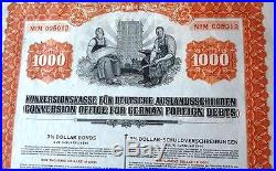 Germany 1936 Conversion Dollar Nazi Coupons UNC 1000 $ Bond Loan Share Anleihe