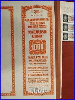 Germany 1936 Conversion Foreign Debts $ 1000 Dollars Loan Bond Stock + Coupons