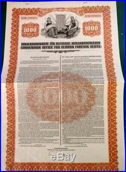 Germany 1946 Conversion Office Foreign Debts Nazi $ 1000 Dollars UNC Bond Loan