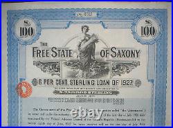 Germany 6% Free State of Saxony Loan of 100 £ to Bearer 1927 uncanc. + coupons