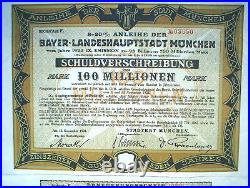 Germany, City of Munich 100 Millon Mark 8-20% Bond to Bearer uncanc. + coupons