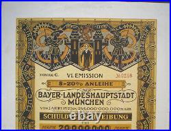 Germany, City of Munich 20 Billion Mark 8-20% Bond to Bearer uncancelled