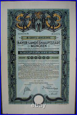 Germany, City of Munich 500000 Mark 8-20% Bond to Bearer uncanc. + coupon sheet