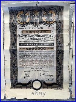 Germany city of munich 3 Bonds Set 100000, 500000 & 1000000 Mark, Year 1923
